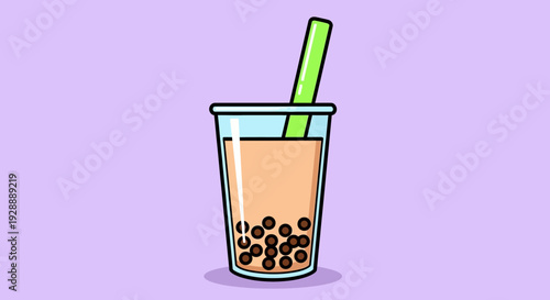 An illustration of a cup with a straw and bubbles inside on purple background.