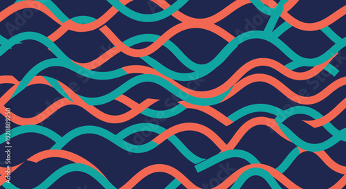 Vibrant orange and teal lines intersect on a dark blue background in a graphic design.