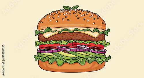 A colorful illustration of a cheeseburger with lettuce, tomato, and onion on a sesame seed bun.