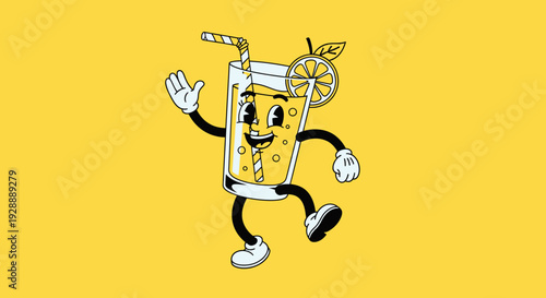 A cartoon glass of lemonade runs with a straw and orange slice.