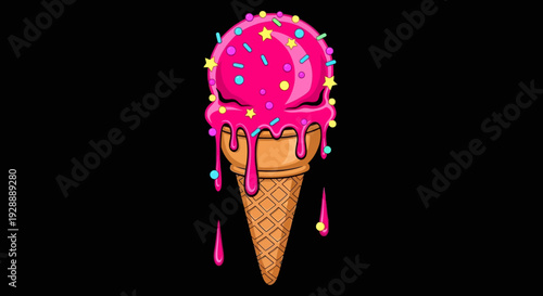 A colorful illustration of a melting pink ice cream with sprinkles on a cone.