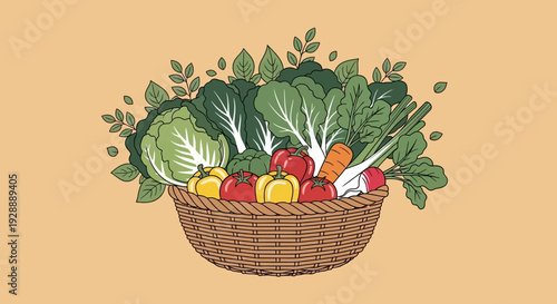 Fresh vegetables and leafy greens in a wicker basket on a plain background illustration