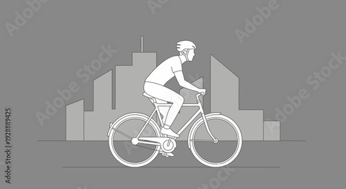 Cyclist rides bicycle through urban landscape illustration