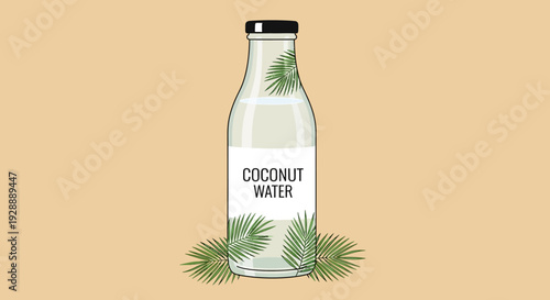 A refreshing bottle of coconut water with green leaves on a peach background.
