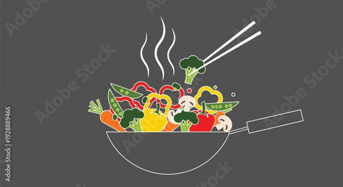 A vibrant stir-fry with vegetables and chopsticks in a hot wok on a kitchen counter.