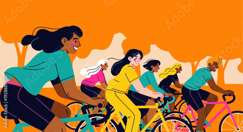 Diverse group of people cycling together outdoors in a park with trees