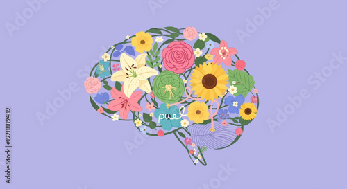 Vibrant floral brain illustration symbolizes mental wellness and growth in a creative way always.