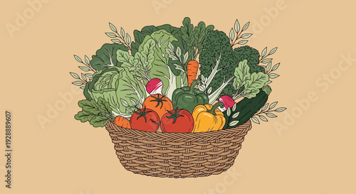 Fresh vegetables and fruits in a wicker basket on a neutral background illustration
