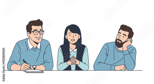 Three people sitting at a table with one writing and others looking engaged.