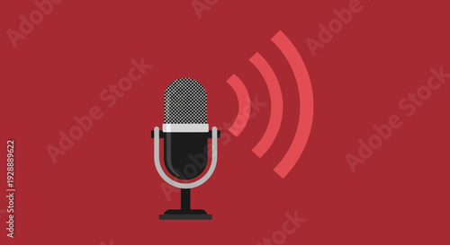 Dynamic microphone illustration on red background with sound waves emanating from it, graphic representation, studio setting, front view
