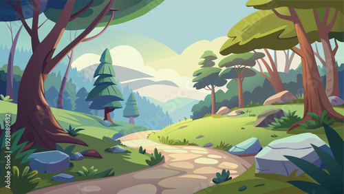 A serene forest scene with a winding path leading into the distance under a bright sky