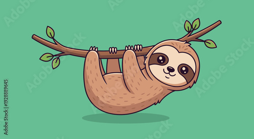 A cartoon sloth hangs upside down from a branch with leaves on a green background.