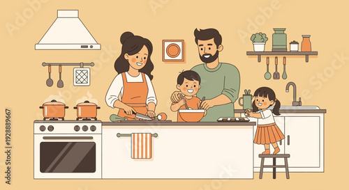 A family of four cooks together in a modern kitchen with enthusiasm and joy.