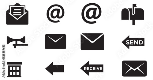 Email and communication icon set including open envelope, at symbol, mailbox, and send receive arrows