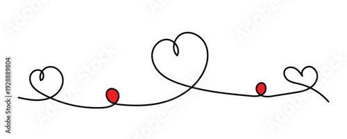 Continuous line art heart with three red dots on a white background, concept of love and connection