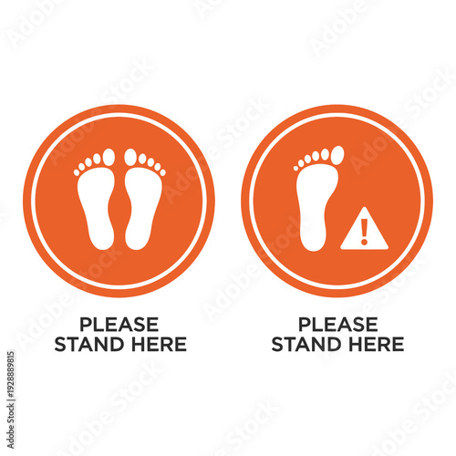 Please stand here signs with footprints and warning symbols for social distancing  guidance labels icon