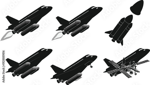 Black airplanes and spacecraft on white background rockets space shuttle black and white