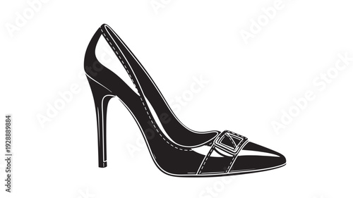 Black high heel shoe in elegant design with shiny finish and strappy detail on white background for fashion advertising