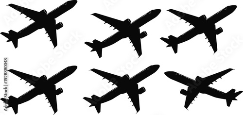 Black airplanes flying on white background black silhouettes flying planes aircraft