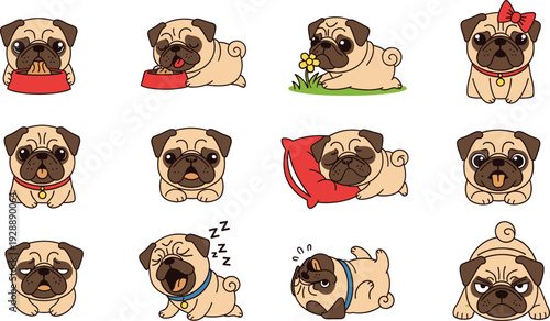 Cute Pug Dog Character Set Vector Illustration with Different Emotions, Sleeping, Playing, and Cartoon Pet Poses Collection