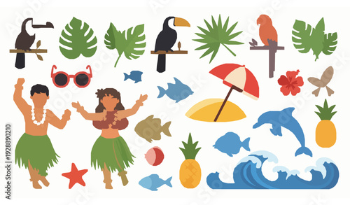 Playful Hawaiian tropical clipart bundle with dancers animals and beach icons