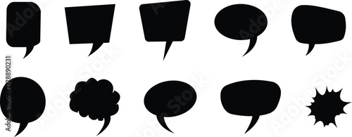 Assorted black and white speech and thought bubble icons with an explosion symbol