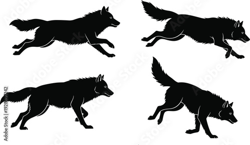 Wolf silhouettes in running and walking postures, dynamic motion sequence, abstract wildlife vector illustration, symbolic animal design concept
