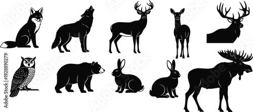 Woodland animal silhouettes, forest wildlife creatures, deer moose bear fox wolf owl rabbit vector illustration, nature design, wildlife art, forest animals