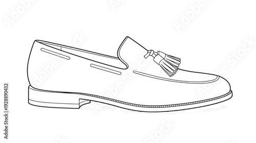 Tassel loafer shoe in minimalist line art style with monochromatic grayscale on white background for fashion illustration