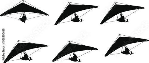 Black hang glider silhouettes in various positions hang gliding white background 1