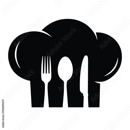Spoon, fork and knife on the background cap chef Silhouette vector black design on a white background