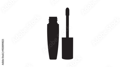 Mascara tube with applicator in minimalist black silhouette on white background for beauty product branding