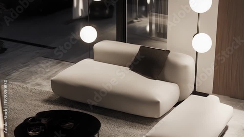 Living room interior reflecting modern minimalist design, featuring a comfortable white sofa, sleek coffee table, and spherical lamps illuminating a soft, cozy ambiance