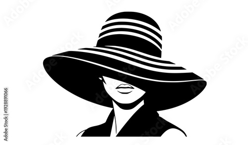 Black and white fashion woman portrait with striped hat minimalist graphic vector illustration isolated on white