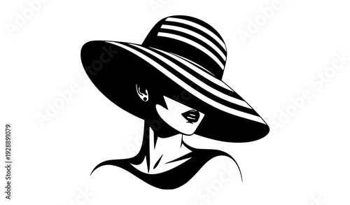 Modern black and white woman profile with striped hat graphic fashion vector illustration isolated on white