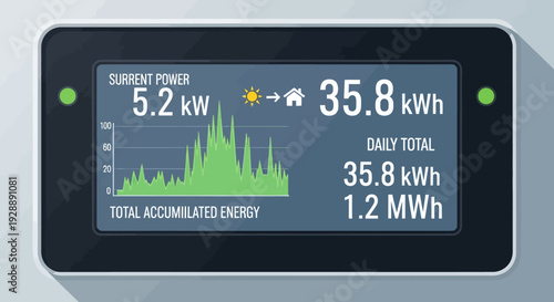 Modern energy monitor displaying current power usage and daily totals