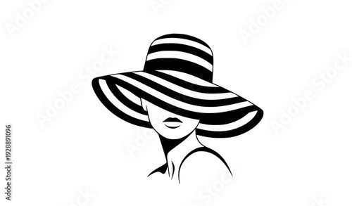 Minimalist woman in striped hat black and white fashion illustration modern vector isolated on white background