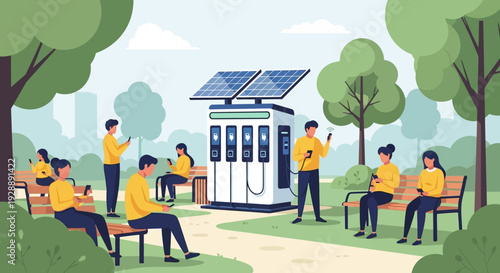 People charging devices at solar powered station in park