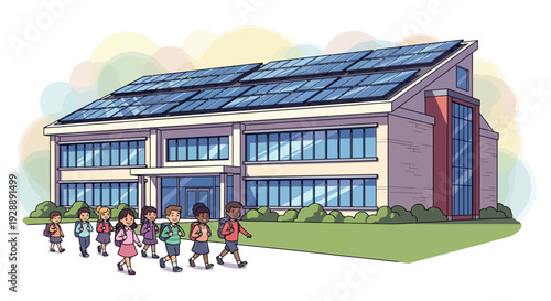 Children walking to modern eco friendly school building with solar panels