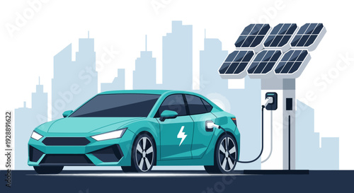 Electric car charging at solar powered station in modern city