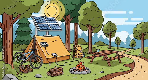 Eco friendly campsite with solar panel and tent in serene forest