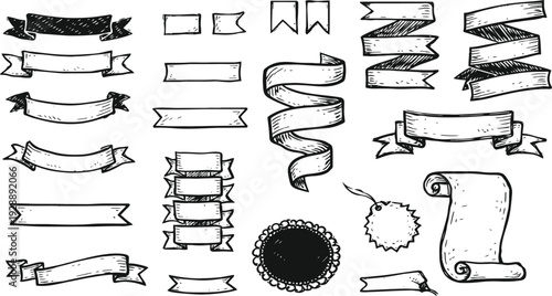 Ribbon banner line art vector set, vintage scroll label illustration collection isolated on white background design