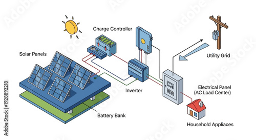 Solar power system with battery bank and utility grid connection