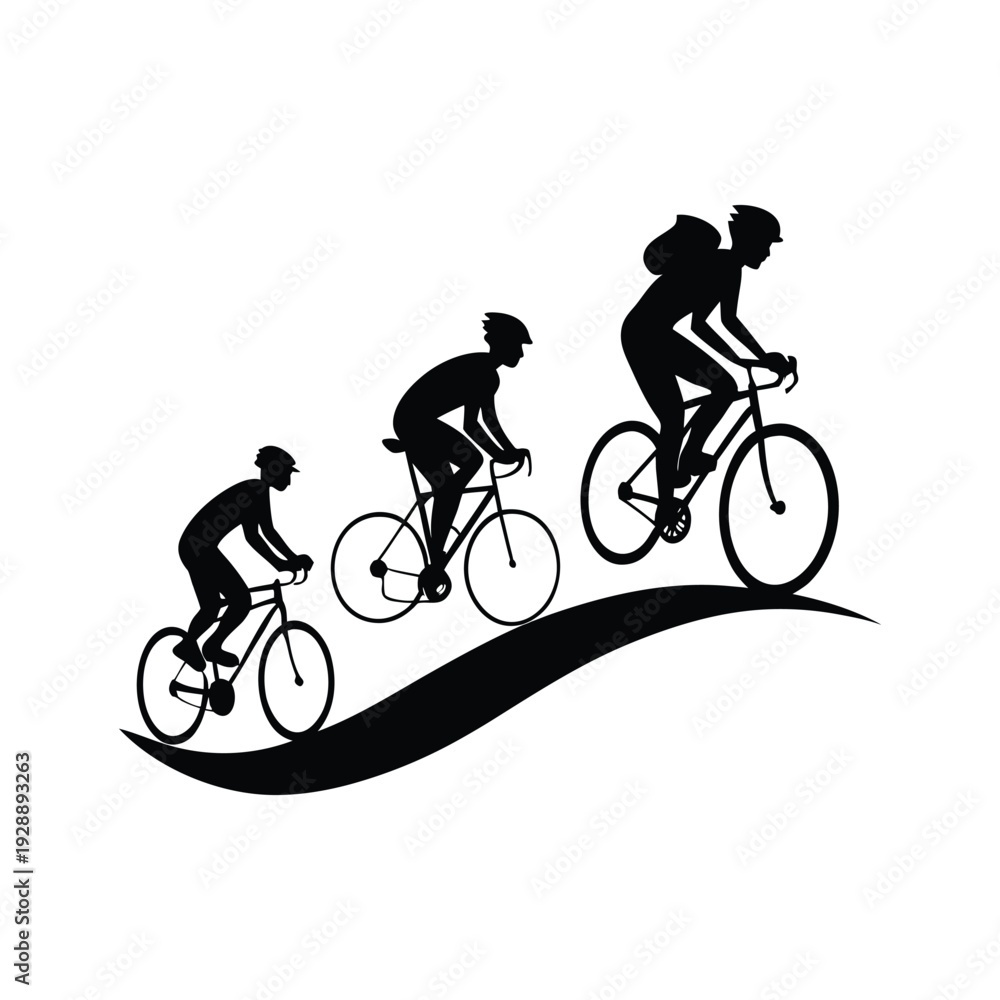 Obraz premium Group of Three Cyclists Riding Road Bikes Up a Steep Curved Hill. 