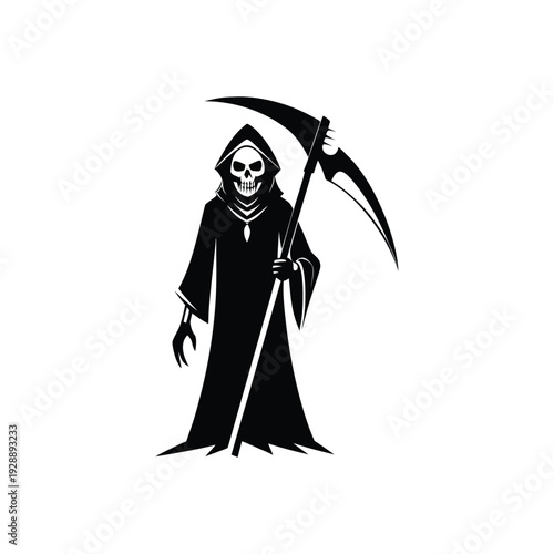 Grim Reaper Death Silhouette Carrying a Large Scythe Vector Illustration Graphic Art.