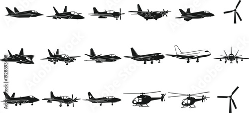 Top view vector illustration of diverse aircraft silhouettes including airplanes, jets, helicopters, and wind turbines for aviation, energy, educational design projects