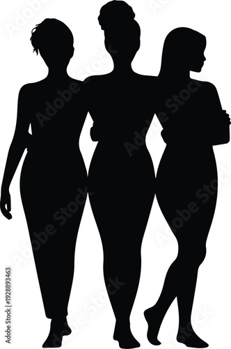 Minimalist black three diverse women unity silhouette vector icon
