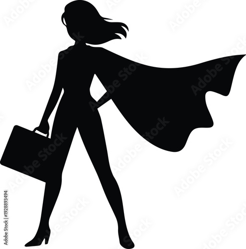 Minimalist black businesswoman wearing a superhero cape silhouette vector icon