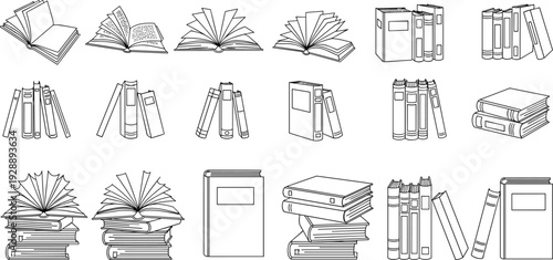 Twenty book vector illustration icons, open closed stacked upright leaning, black and white line art, educational literary design concept