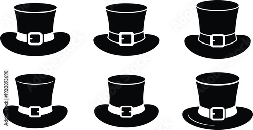 Set of Minimalist black leprechaun hat with buckled belt silhouette vector icon